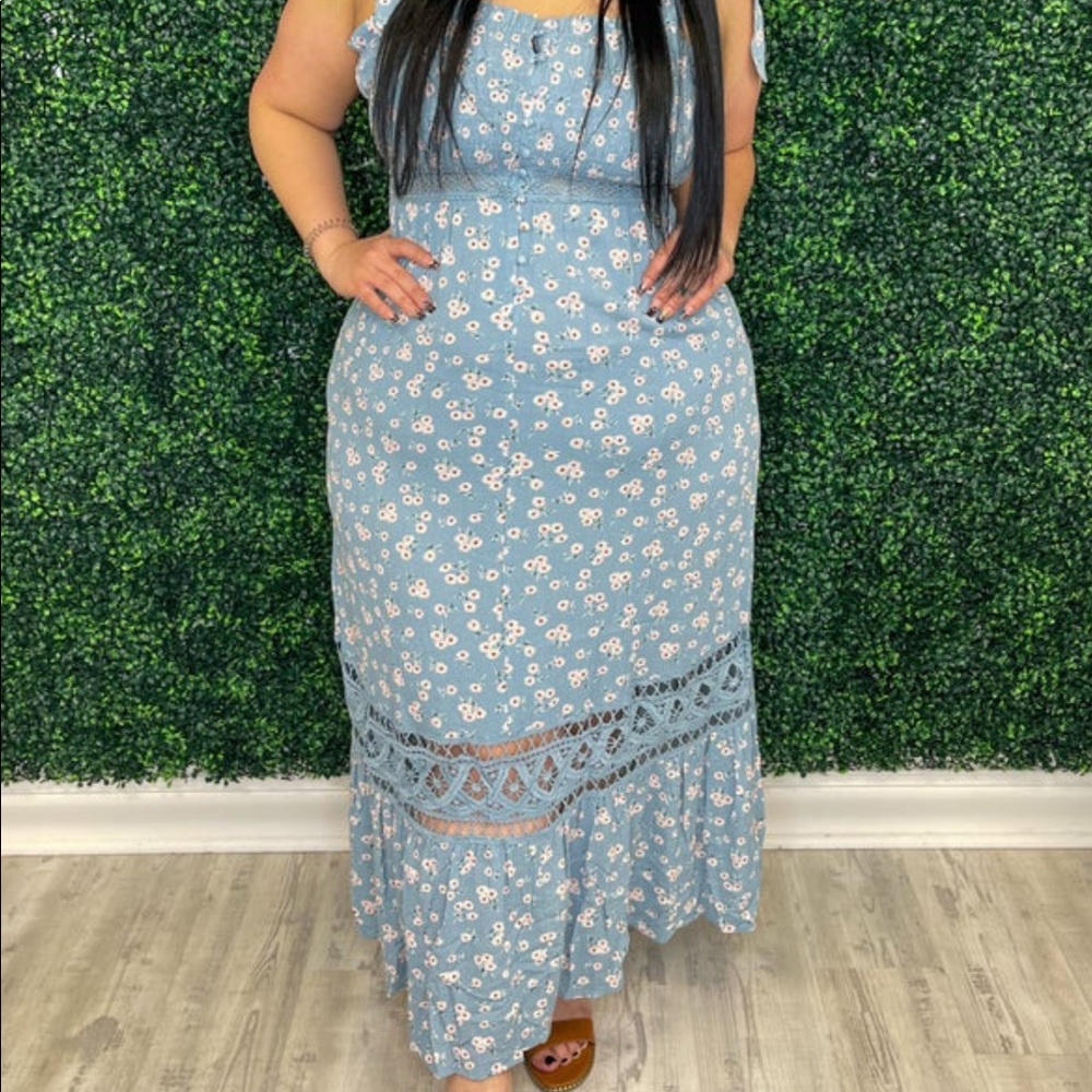 White birch blue lace maxi dress